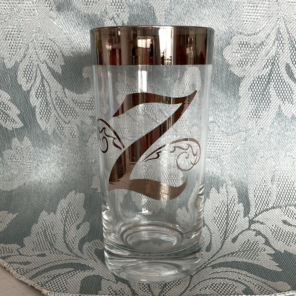 VINTAGE MONOGRAM Z SILVER SCROLLS /RIM WEIGHTED QUEENS LUSTERWARE HIGHBALL GLASS